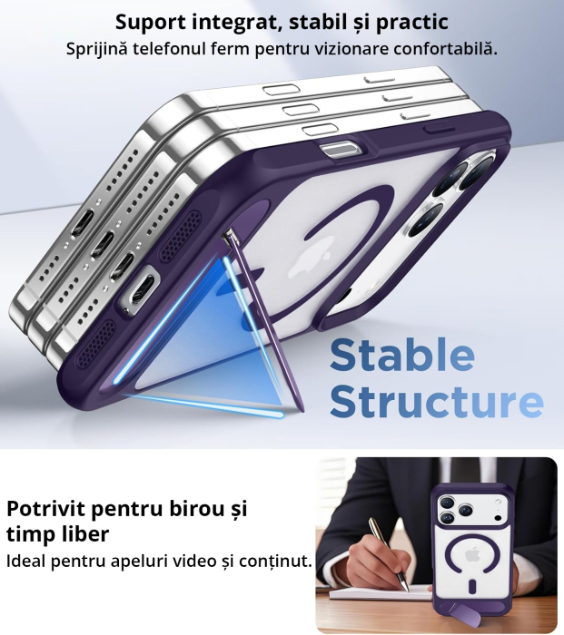 Husă premium pentru iPhone 17 PRO, MobileSmart, MagSafe, suport ascuns și protecție militară antișoc cu margini ridicate, Mov [5]