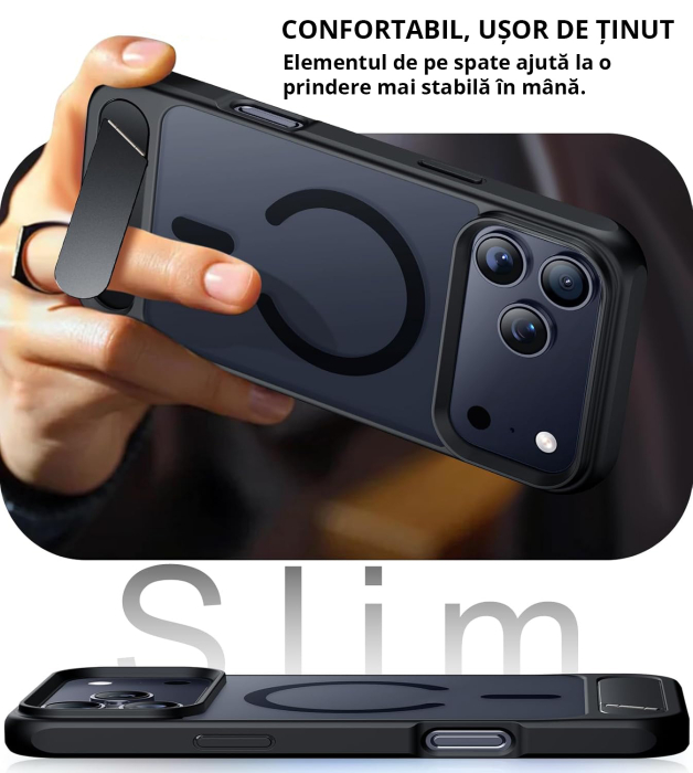 Husă premium pentru iPhone 17 PRO, MobileSmart, MagSafe, suport ascuns și protecție militară antișoc cu margini ridicate, Negru Mat [7]