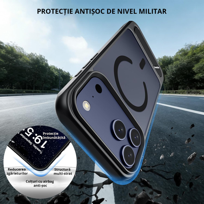 Husă premium pentru iPhone 17 PRO, MobileSmart, MagSafe, suport ascuns și protecție militară antișoc cu margini ridicate, Negru Mat [3]