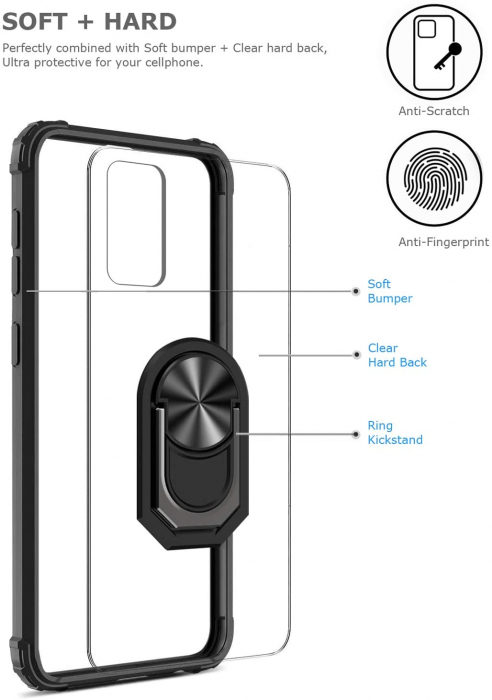 Husa Samsung Galaxy S20, Hybrid Antisoc, carcasa cu bumper, inel rotativ 360 si Kickstand, Negru [4]