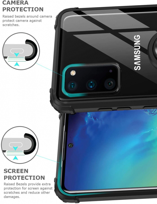 Husa Samsung Galaxy S20, Hybrid Antisoc, carcasa cu bumper, inel rotativ 360 si Kickstand, Negru [6]