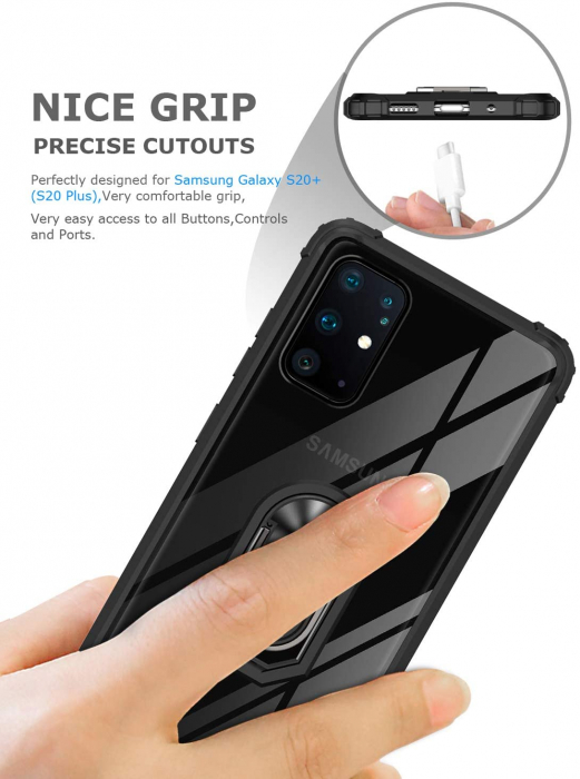 Husa Samsung Galaxy S20 PLUS, Hybrid Antisoc, carcasa cu bumper, inel rotativ 360 si Kickstand, Negru [4]
