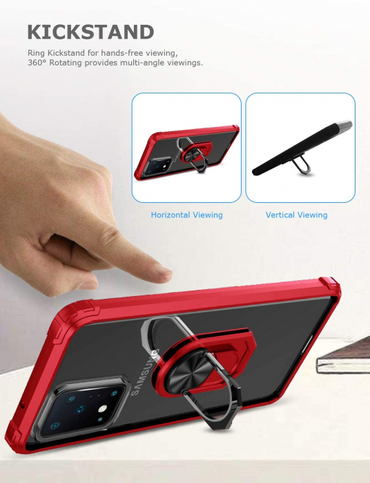 Husa Samsung Galaxy S20 ULTRA, Hybrid Antisoc, carcasa cu bumper, inel rotativ 360 si Kickstand, Rosu [4]
