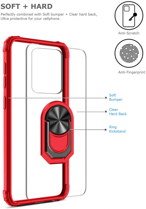 Husa Samsung Galaxy S20 ULTRA, Hybrid Antisoc, carcasa cu bumper, inel rotativ 360 si Kickstand, Rosu [6]
