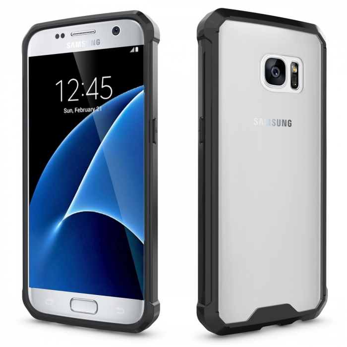 Husa Samsung Galaxy S7 Edge, Hybrid Antisoc, carcasa spate PC transparenta cu cadru, Negru [5]