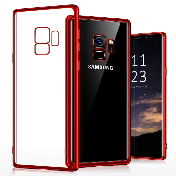 Husa Samsung Galaxy S9 PLUS, Silicon ultraslim, cu spate transparent si cadru, Rosu [4]