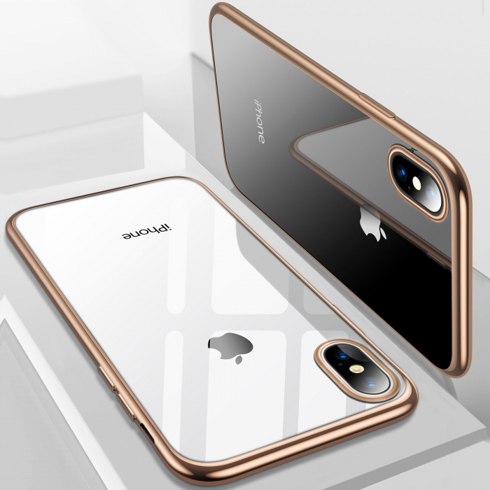 Husa iPhone XR, Silicon ultraslim, cu spate transparent si cadru, Gold [4]