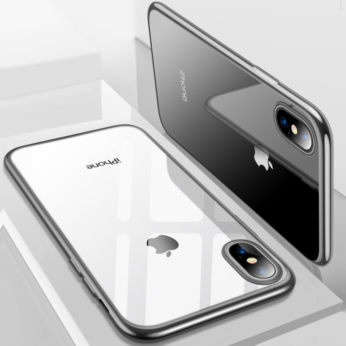 Husa iPhone XR, Silicon ultraslim, cu spate transparent si cadru, Negru [2]