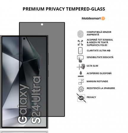 Folie de protecție Mobilesmart pentru Samsung Galaxy S24 ULTRA, sticlă securizată Privacy, Full Glue [1]