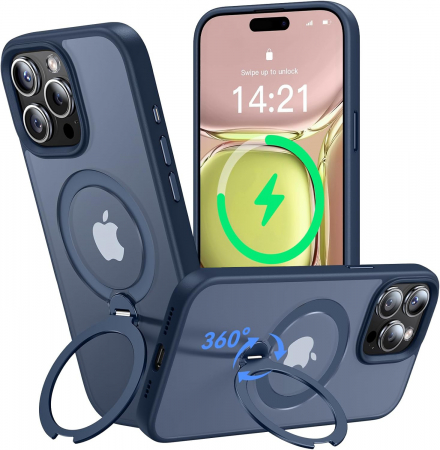 Huse iPhone - Husă magnetică iPhone 15 Pro Max MagSafe bleumarin cu suport rotativ 360 grade și protecție militară, compatibilă cu încărcare wireless, design premium