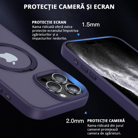 Husă magnetică iPhone 15 Pro MagSafe purple cu suport rotativ 360 grade și protecție militară, compatibilă cu încărcare wireless, design premium [1]