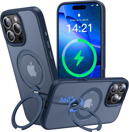 Huse iPhone - Husă magnetică iPhone 16 Pro MagSafe bleumarin cu suport rotativ 360 grade și protecție militară, compatibilă cu încărcare wireless, design premium