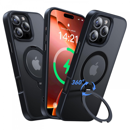 Huse iPhone - Husă magnetică iPhone 16 Pro MagSafe neagră cu suport rotativ 360 grade și protecție militară, compatibilă cu încărcare wireless, design premium