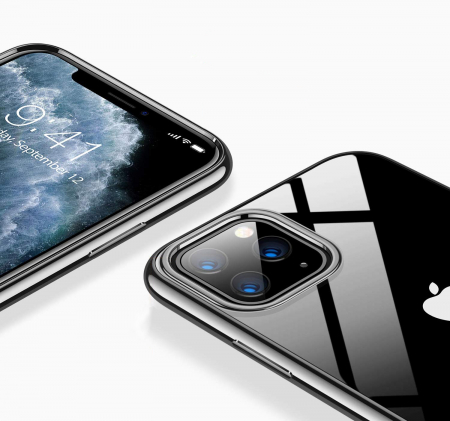 Husa pentru  iPhone 12 / 12 PRO, Silicon ultraslim, cu spate transparent si cadru, Negru [5]