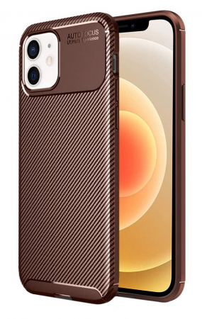 Huse iPhone - Husa pentru IPhone 12 MINI, fibra de carbon, Slim Antisoc, carcasa spate, Focus, Maro