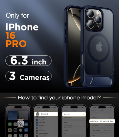 Husă pentru iPhone 16 Pro, MagSafe, Protecție standard Militar, cu Suport Metalic Încorporat, Blue [1]