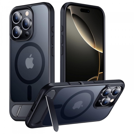 Huse iPhone - Husă pentru iPhone 16 Pro, MagSafe, Protecție standard Militar, cu Suport Metalic Încorporat, Negru