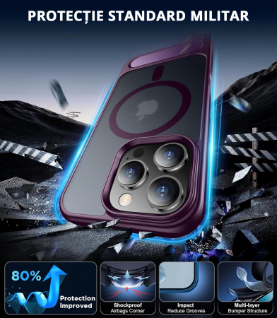 Husă pentru iPhone 16 Pro, MagSafe, Protecție standard Militar, cu Suport Metalic Încorporat, Purple [3]