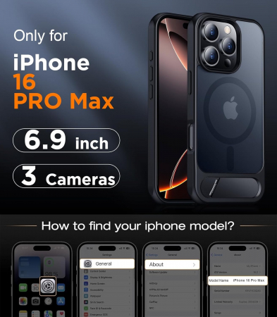 Husă pentru iPhone 16 Pro Max, MagSafe, Protecție standard Militar, cu Suport Metalic Încorporat, Negru [1]