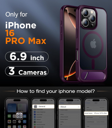 Husă pentru iPhone 16 Pro Max, MagSafe, Protecție standard Militar, cu Suport Metalic Încorporat, Purple [1]