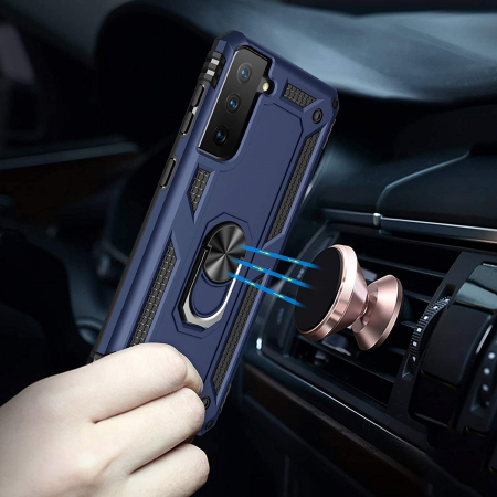 Husa pentru Samsung Galaxy S21 FE, Hybrid Antisoc, carcasa cu inel rotativ 360 si Kickstand, Blue [2]