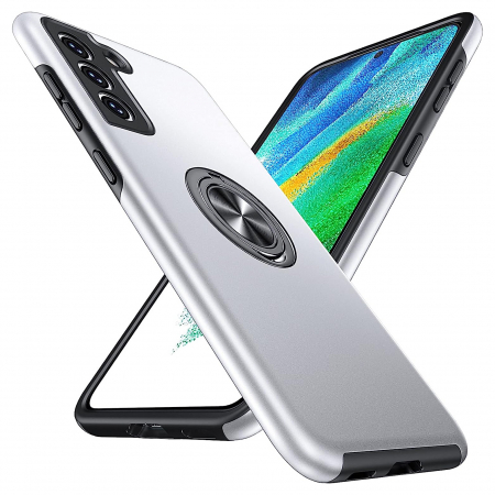 Huse telefoane - Husă pentru Samsung Galaxy S21 FE, inel multifuncțional 360°, Protecție Militară Antișoc, Silver