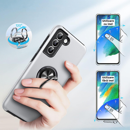 Husă pentru Samsung Galaxy S21 FE, inel multifuncțional 360°, Protecție Militară Antișoc, Silver [5]