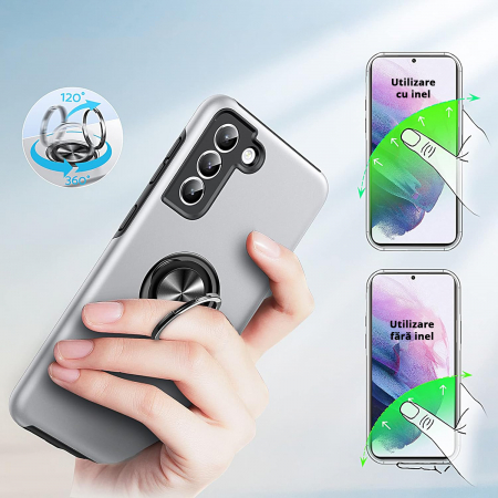 Husă pentru Samsung Galaxy S21, inel multifuncțional 360°, Protecție Militară Antișoc, Silver [6]