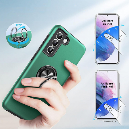 Husă pentru Samsung Galaxy S21 PLUS, inel multifuncțional 360°, Protecție Militară Antișoc, Verde [6]