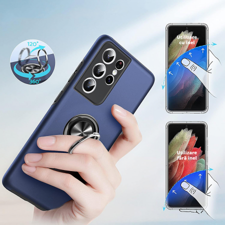 Husă pentru Samsung Galaxy S21 ULTRA, inel multifuncțional 360°, Protecție Militară Antișoc, Blue [6]
