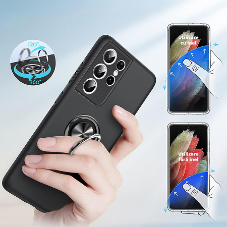 Husă pentru Samsung Galaxy S21 ULTRA, inel multifuncțional 360°, Protecție Militară Antișoc, Negru [6]