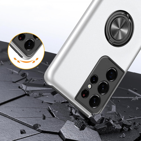 Husă pentru Samsung Galaxy S21 ULTRA, inel multifuncțional 360°, Protecție Militară Antișoc, Silver [3]