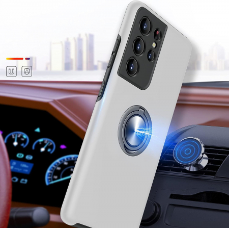 Husă pentru Samsung Galaxy S21 ULTRA, inel multifuncțional 360°, Protecție Militară Antișoc, Silver [5]