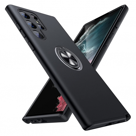 Huse telefoane - Husă pentru Samsung Galaxy S22 ULTRA, inel multifuncțional 360°, Protecție Militară Antișoc, Negru