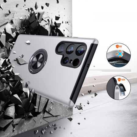 Husă pentru Samsung Galaxy S22 ULTRA, inel multifuncțional 360°, Protecție Militară Antișoc, Silver [3]