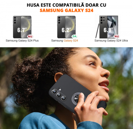 Husă pentru Samsung Galaxy S24, inel multifuncțional 360°, Protecție Militară Antișoc, Negru [1]