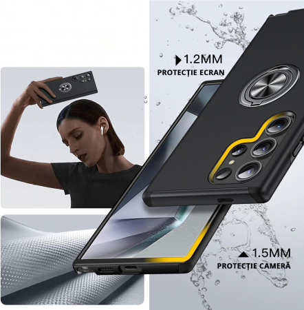 Husă pentru Samsung Galaxy S24 ULTRA, inel multifuncțional 360°, Protecție Militară Antișoc, Negru [3]