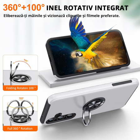 Husă pentru Samsung Galaxy S25, inel multifuncțional 360°, Protecție Militară Antișoc, Silver [5]