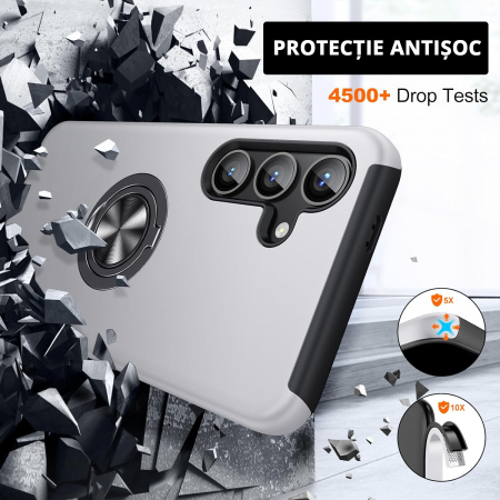 Husă pentru Samsung Galaxy S25, inel multifuncțional 360°, Protecție Militară Antișoc, Silver [3]