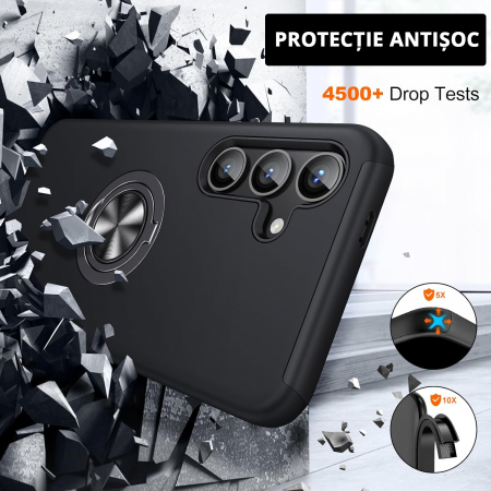 Husă pentru Samsung Galaxy S25 PLUS, inel multifuncțional 360°, Protecție Militară Antișoc, Negru [3]