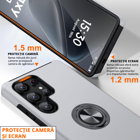 Husă pentru Samsung Galaxy S25 ULTRA, inel multifuncțional 360°, Protecție Militară Antișoc, Silver [2]
