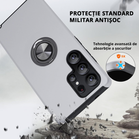 Husă pentru Samsung Galaxy S25 ULTRA, inel multifuncțional 360°, Protecție Militară Antișoc, Silver [3]
