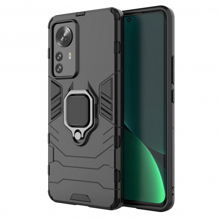Produse EmagMarketplace - Husa pentru Xiaomi 12 PRO, Hybrid Antisoc, carcasa cu inel rotativ 360 si Kickstand, Negru
