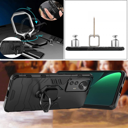 Husa pentru Xiaomi 12 PRO, Hybrid Antisoc, carcasa cu inel rotativ 360 si Kickstand, Negru [3]