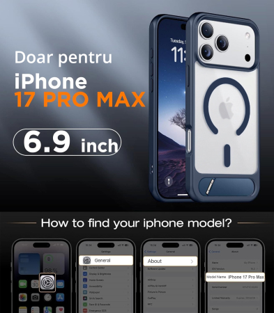 Husă premium pentru iPhone 17 PRO MAX, MobileSmart, MagSafe, suport ascuns și protecție militară antișoc cu margini ridicate, Blue [1]