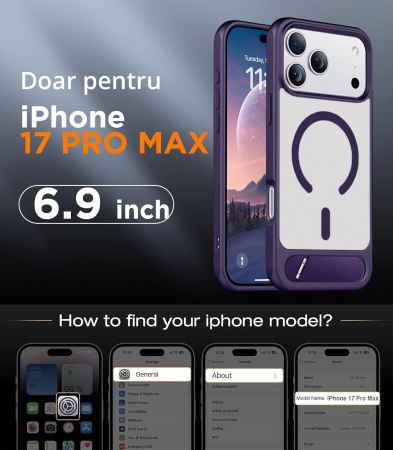 Husă premium pentru iPhone 17 PRO MAX, MobileSmart, MagSafe, suport ascuns și protecție militară antișoc cu margini ridicate, Mov [1]