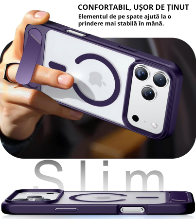 Husă premium pentru iPhone 17 PRO MAX, MobileSmart, MagSafe, suport ascuns și protecție militară antișoc cu margini ridicate, Mov [3]