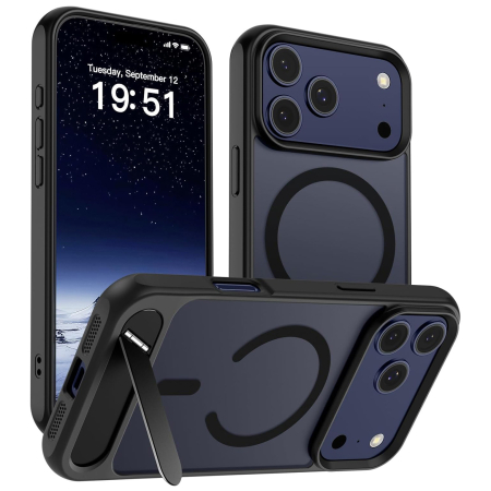 Huse iPhone 17 Pro Max - Husă premium pentru iPhone 17 PRO MAX, MobileSmart, MagSafe, suport ascuns și protecție militară antișoc cu margini ridicate, Negru Mat