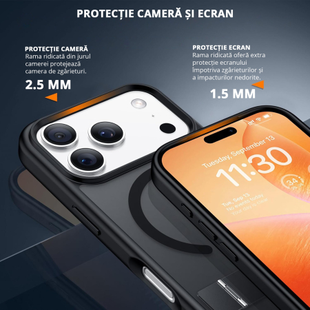 Husă premium pentru iPhone 17 PRO MAX, MobileSmart, MagSafe, suport ascuns și protecție militară antișoc cu margini ridicate, Negru Mat [4]