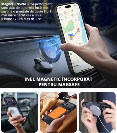 Husă premium pentru iPhone 17 PRO MAX, MobileSmart, MagSafe, suport ascuns și protecție militară antișoc cu margini ridicate, Negru Mat [3]